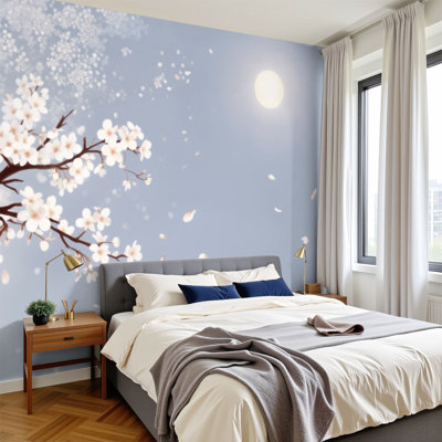 Peel and Stick Wallpaper 144" W x 100" H Modern Self Adhesive Wall Mural for Bedroom Cherry Blossom Branch Falling Petals Under Soft Moonlight Sky