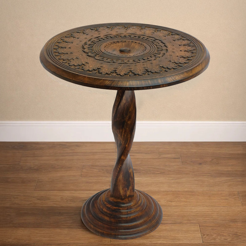 Jem 22 Inch Side End Table, Round Top, Hand Carved Boho Mandala Design With Twisted Base, Brown Mango Wood