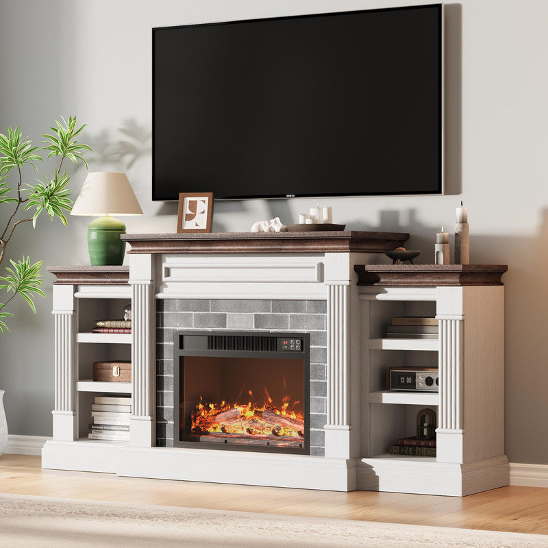 Meuble télé avec foyer électrique intégré de 180 cm (71 po) pour téléviseurs jusqu'à 203 cm (80 po), centre de divertissement moderne avec entourage en imitation pierre, 6 étagères réglables et télécommande, blanc