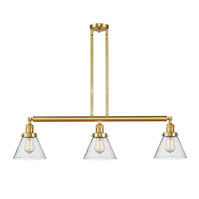 Cone 3 Light Stem Hung Island Light, Satin Gold, Seedy, No