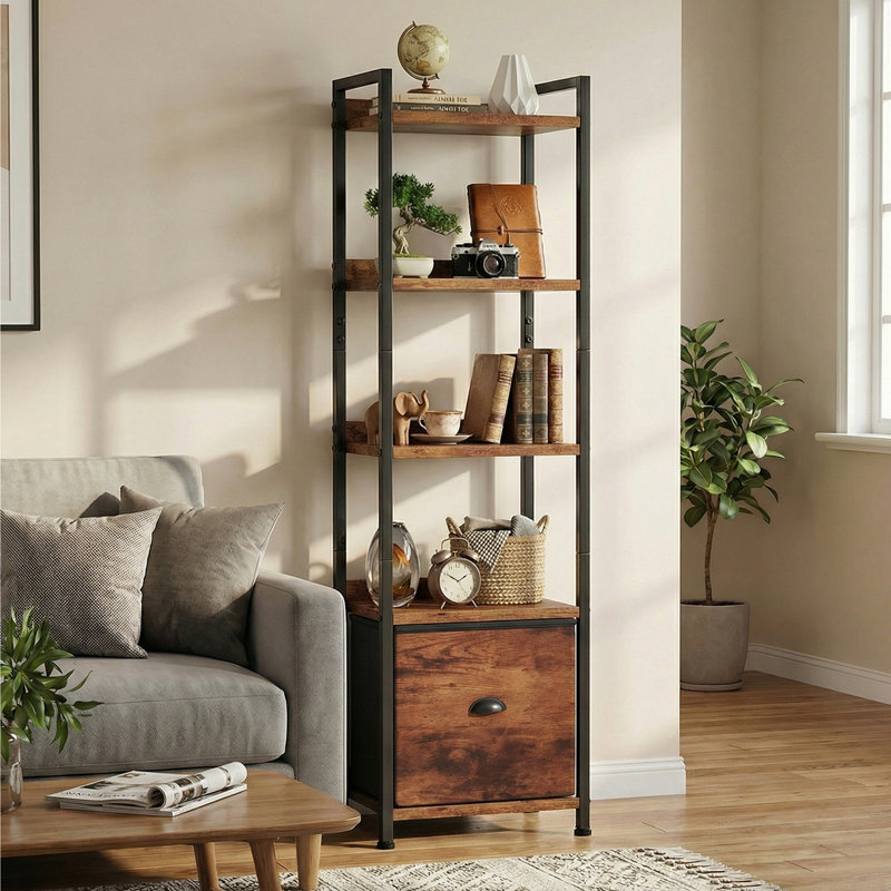 Bibliothèque l 15 po à 5 niveaux avec tiroir, petite bibliothèque pour le salon, la chambre à coucher, étagère de rangement industrielle en bois et métal