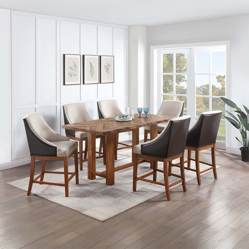 Gilsea Counter Height Chair 2Pc, Fabric, Brown Faux Leather & Brown Finish
