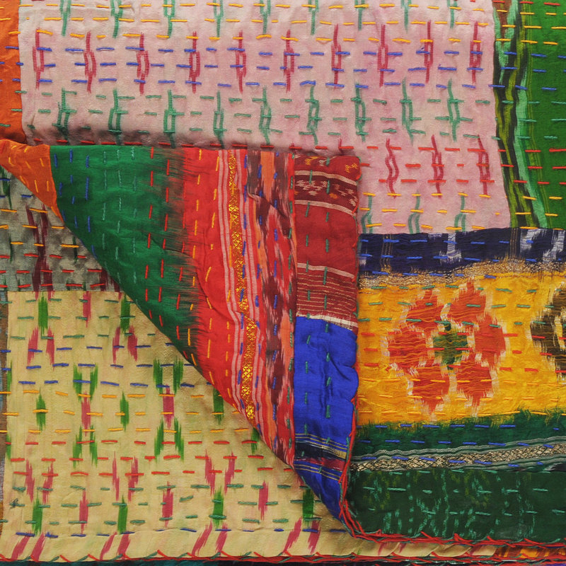Advika Handmade Kantha Silk Blend Throw Blanket, Multicolor
