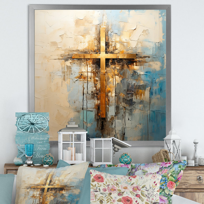 Reproduction d'art mural doré, croix de minimalisme religieuse II, H 24 po x l 24 po x P 1 po, Cadre simple argenté
