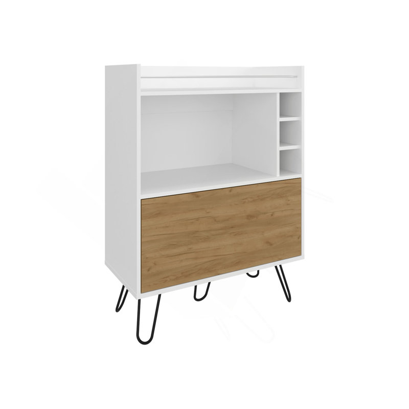 Armoire bar 42 po à une porte avec trois casiers, trois tablettes, surface de préparation supérieure avec rail pour le salon