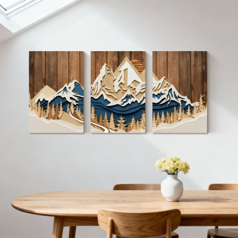 «Landscape & Nature Mountain Landscape with Snowy Peaks and Forest Reflection», ensemble de 3 impressions d'art sur toile
