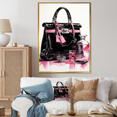 "Kresta Fashion Bag And Perfum" noir et rose I, impression sur toile