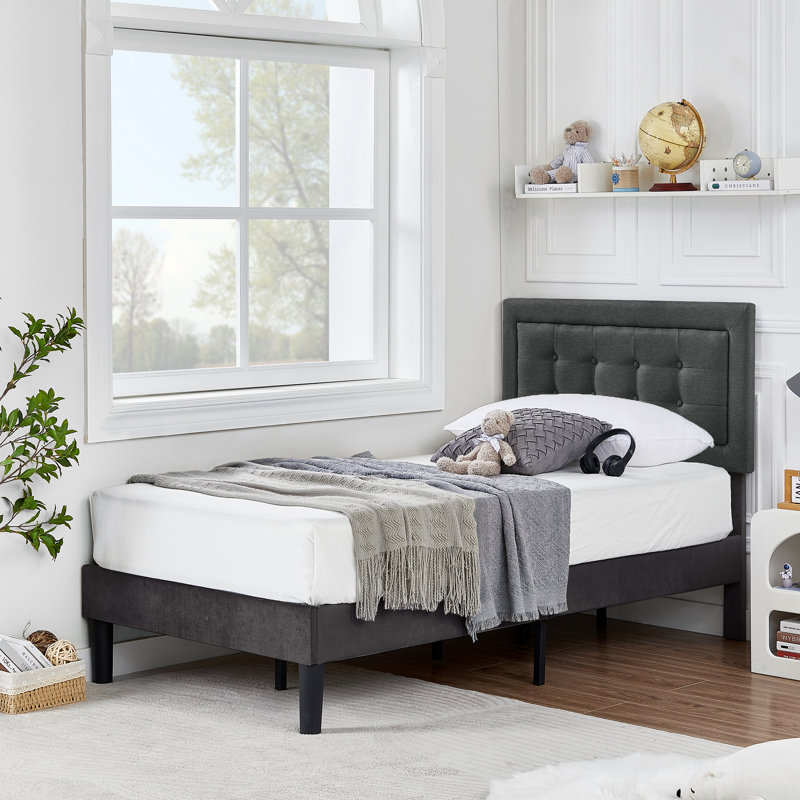 Kempst Twin Size Bed Frame, Upholstered Twin Platform Bedframe with Height Adjustable Tufted Headboard, Heavy Duty Mattress Foundation with Wooden Slats, No Box Spring Needed, Under Bed Storage