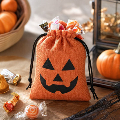 Décoration d'Halloween - Ensemble de 5 sacs-cadeaux à cordon en lin orange, motif citrouille, réutilisables, pour ranger les friandises et les cadeaux de fête.