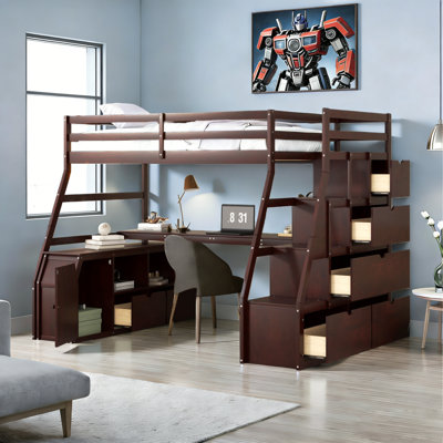 Heiki Loft Bed with Desk, Storage Stairs, Shelves, Cabinet, and Drawers
