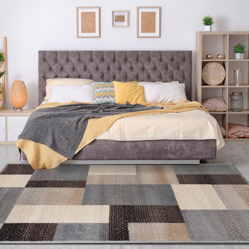 Tapis gris et brun tissé à la machine 7 pi x 9 pi Patchwork