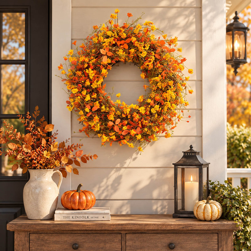 Couronne d'automne bohème de 56 cm avec fleurs sauvages pour la décoration de la porte d'entrée et du mur