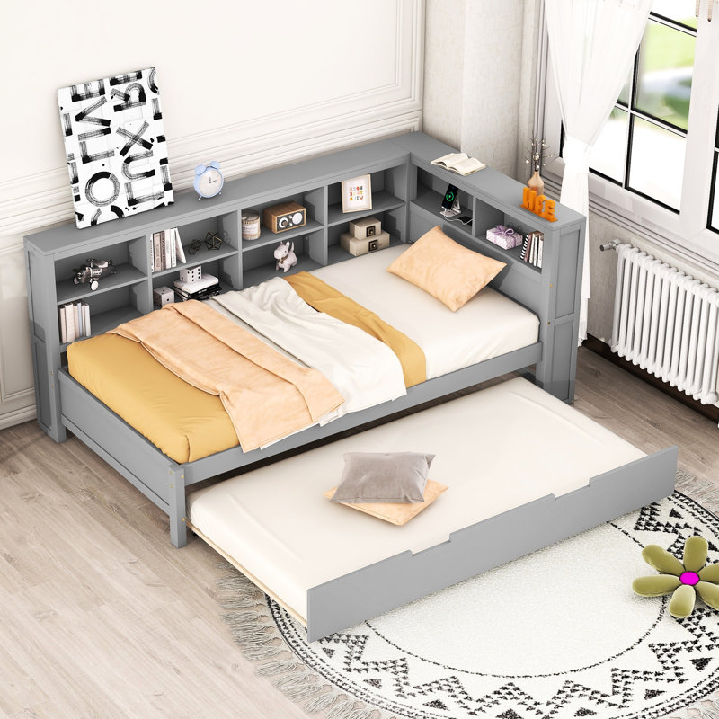 Lit de jour simple en bois avec couchette, tablette et connecteur de rangement gris