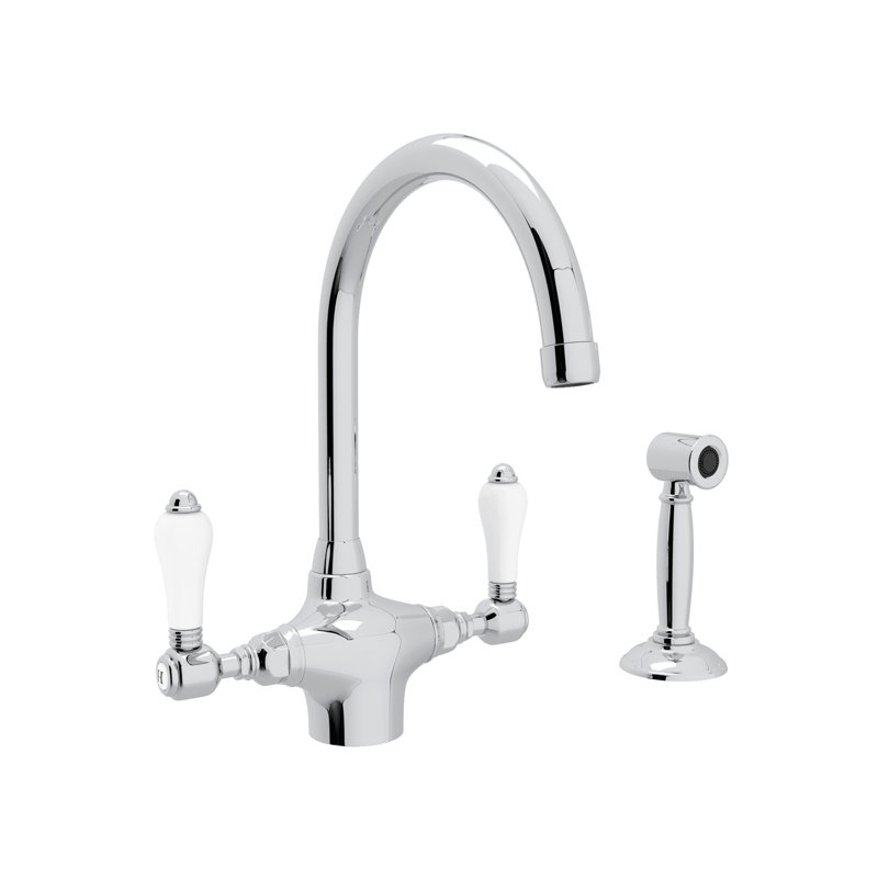 San Julio Two Handle Kitchen Faucet With Side Spray, Polished Chrome/White