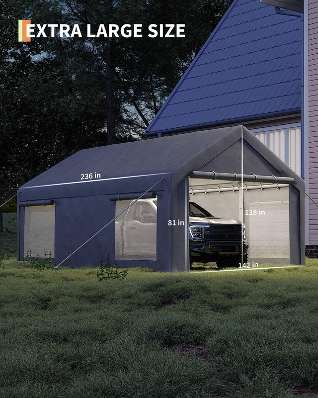 12x20 ft Portable Garage Carport with Removable Sidewalls, Roll-Up Windows, Waterproof Canopy, Reinforced Steel Frame – Versatile Shelter for Car Storage, Boat Shelter, and Event Canopy