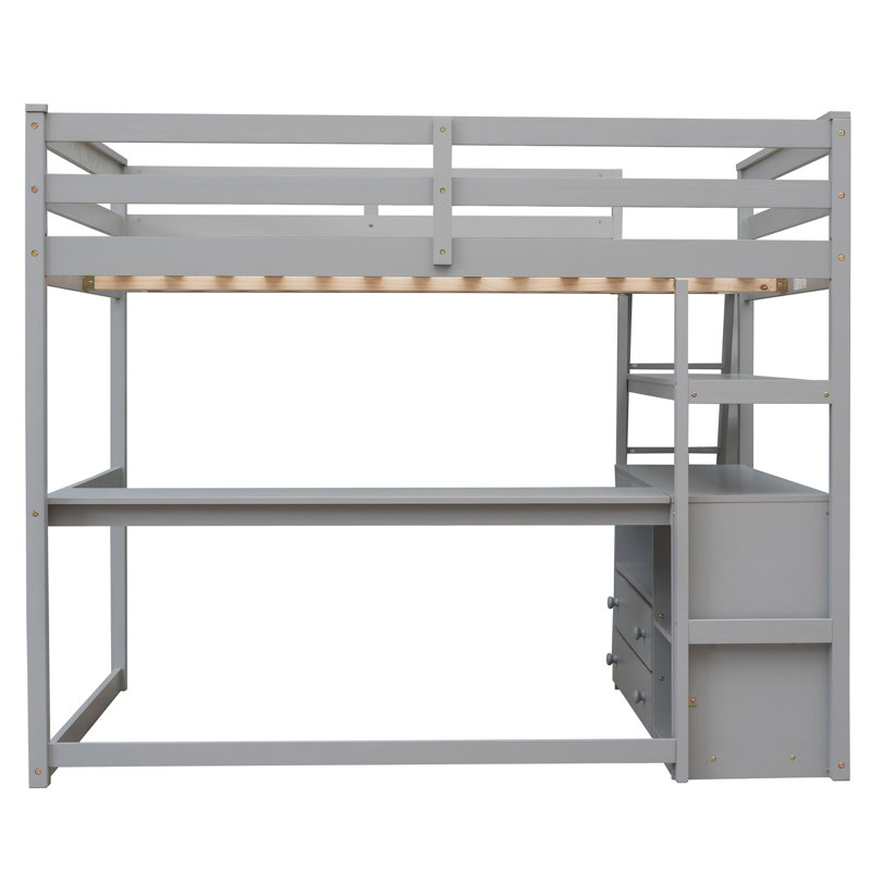 Lit mezzanine double en bois avec bureau et 2 tiroirs Hadi, Grey