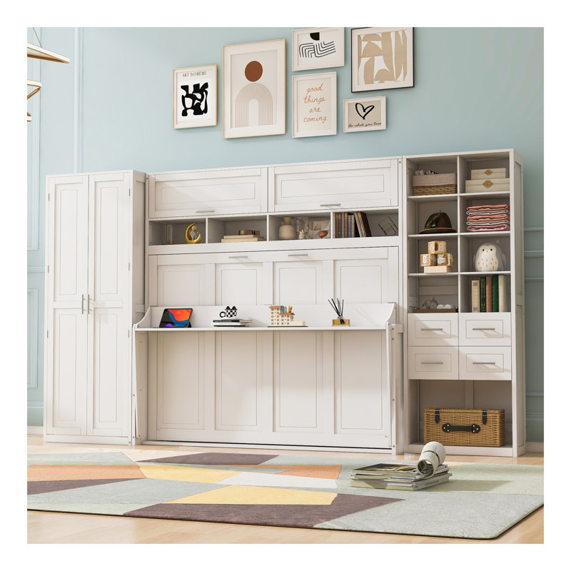 Lit escamotable double pleine grandeur avec placard, tiroirs et tablettes, blanc