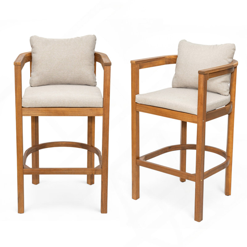 Tabouret d'extérieur en bois de teck avec coussin beige, ensemble de 2