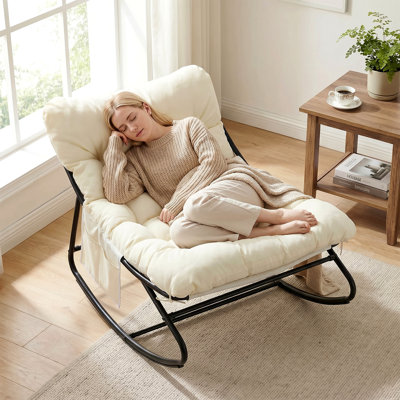 Outdoor Papasan Rocking Chair, Lounge Chair with Cushion & Sturdy Metal Frame, Patio Rocker Chair for Balcony Backyard Porch Bedroom, Beige