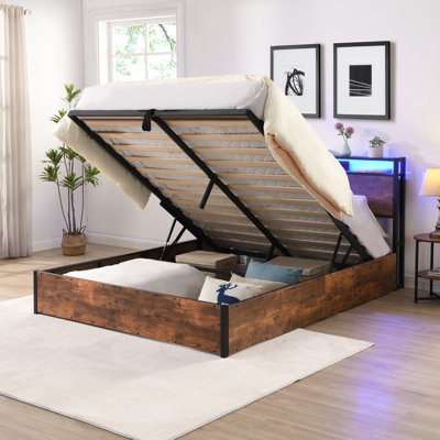 Lift-Up Storage Bed Frame, Size Bed Frame With Bookcase Headboard LED Lights, Wooden Platform Bed Frame With Charging Station, No Spring Box Needed, by 17 Stories