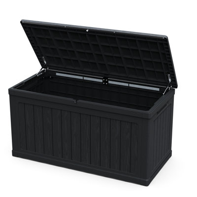 Black Xxl Deck Storage Box With 230 Gallon Capacity, Lockable Waterproof Resin, Suitable For Garden Tools And Pool Supplies Storage, Double - Wall Structure All Weather Use, Easy Lift System, Can Be