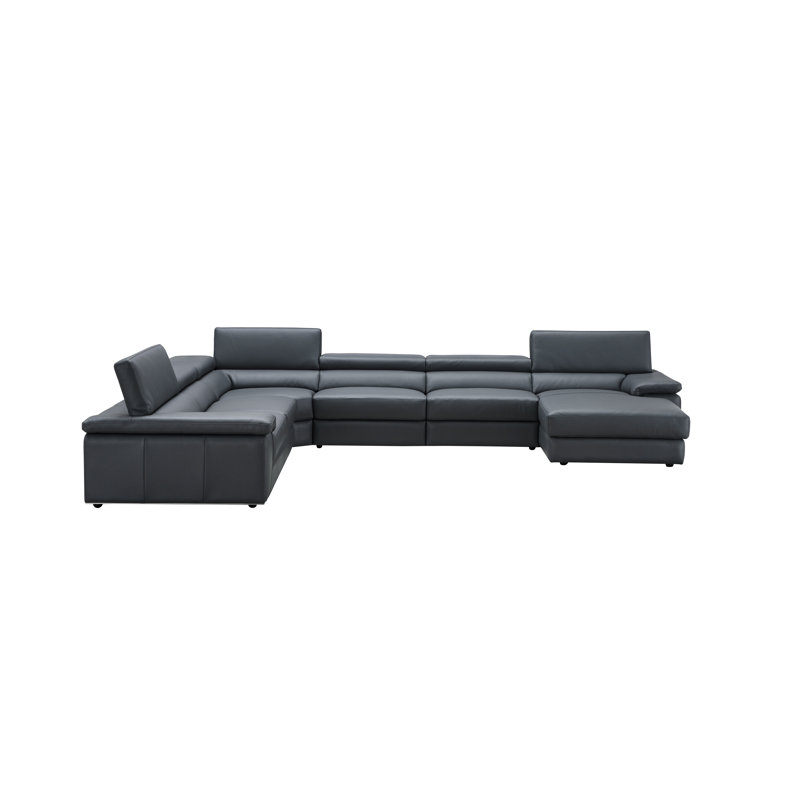 Leather Sectional, Right Hand Facing, Blue/Gray Genuine Leather