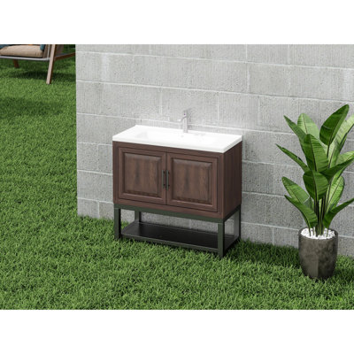 Armoire de salle de bain de couleur noyer 36 po avec lavabo en céramique sans soudure, poignées en métal noir et cadre 2 portes de meuble-lavabo 36 po, tablette ouverte en fer, robinet en aluminium