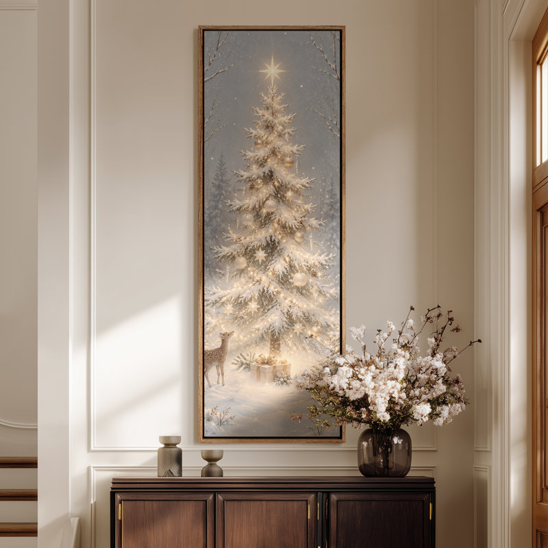 " Large Framed Canvas Wall Art - Glowing Christmas Tree Deer Winter Decor - 60"x20", 60"x30" ", 60" H x 20" W, Naturel