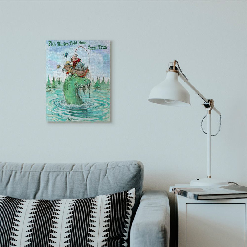 «Stories Told Here Funny Sports Fishing» par Gary Patterson - impression d'art graphique, H 20 po x l 16 po, Toile tendue