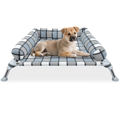 Elevated Dog Bed with Bolster, Breathable Fabric Dogs Hammock Bed for Indoor & Outdoor, Portable Raised Lifted Pillow Pet Cot Beds, Stainless Steel Frame, Small