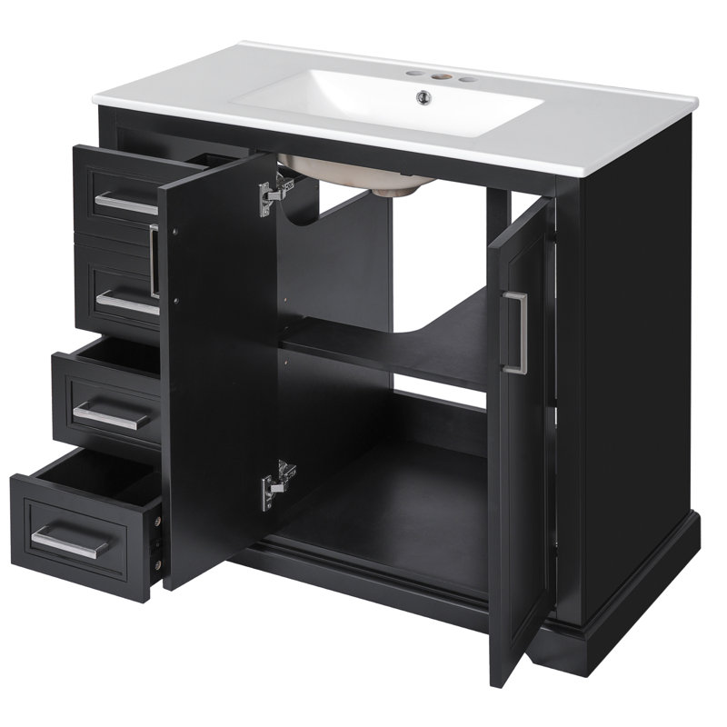 Meuble-lavabo moderne 36 po avec lavabo en céramique, porte à fermeture douce, tablette réglable et 3 tiroirs, Noir
