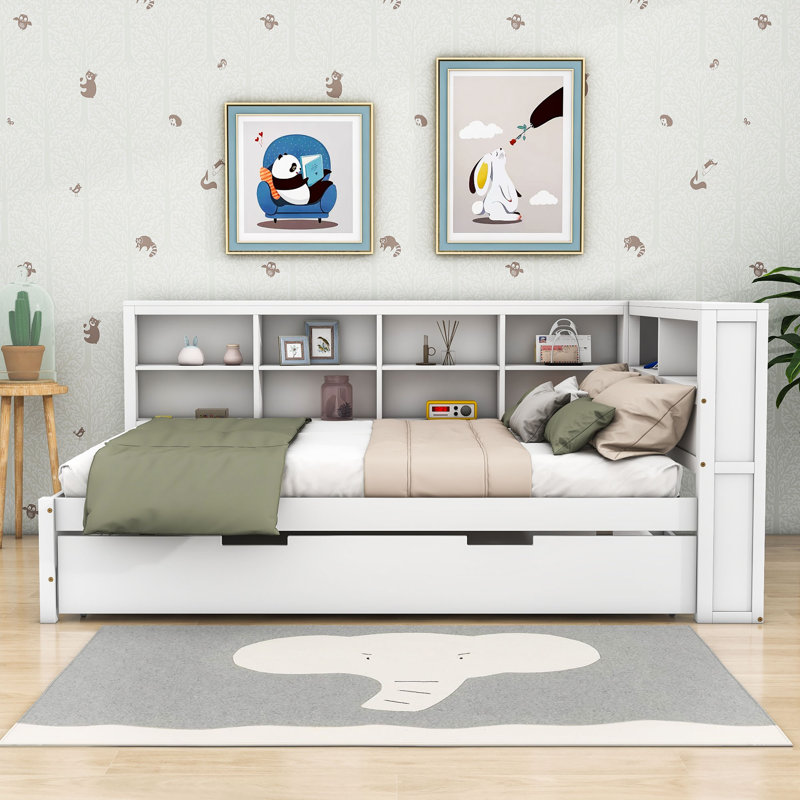Wood DayBed with Trundle, Shelves and USB Charging Ports, White, Full