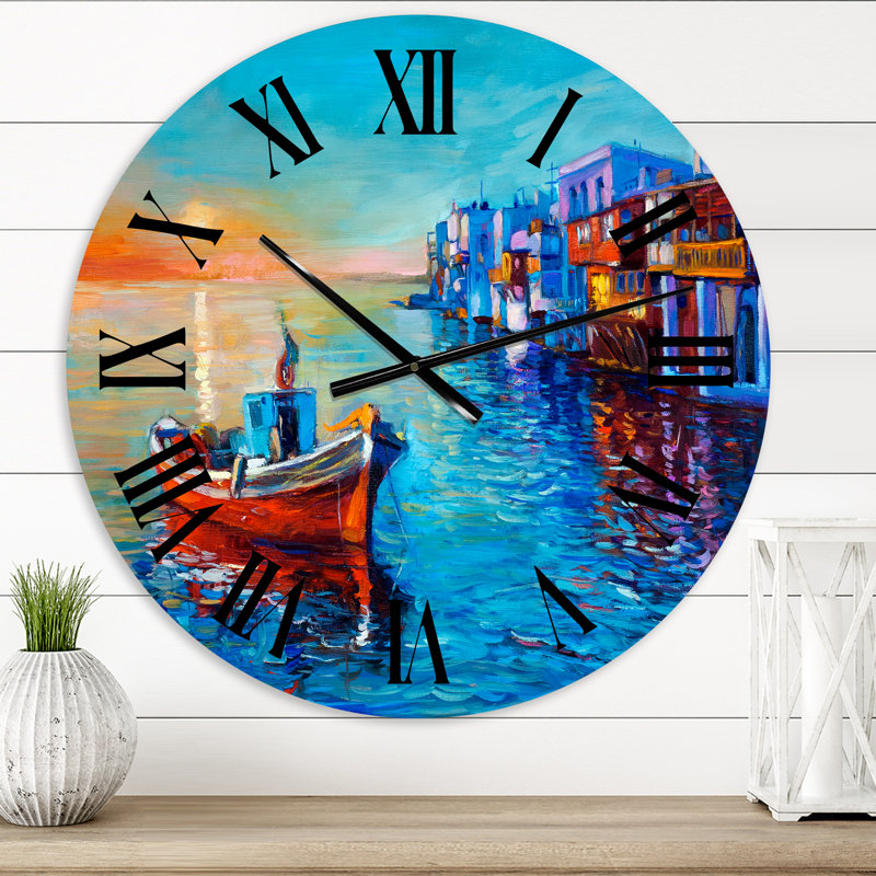 Bateaux se reposant sur l'eau près de la ville côtière I - Horloge murale nautique et côtière, Surdimensionné