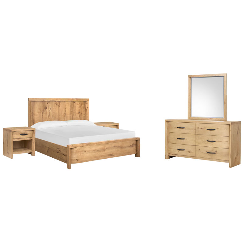 Grand lit à panneau Hagi, 2 tables de chevet ouvertes et commode double avec miroir de paysage, Grand