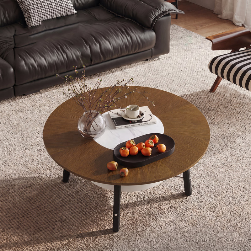 Table basse ronde de 35,43 po avec tablette de rangement, plateau en grain de bois de noyer avec incrustation de pierre frittée blanche et pieds en bois massif noir, table de centre minimaliste moderne