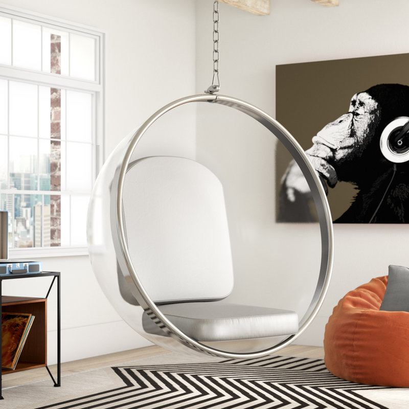 Modholic Hanging Bubble Chair, Silver Cushions, Silver Leather Match
