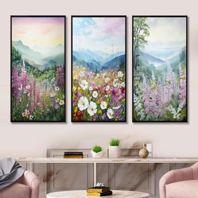 Elna - Fleurs, ensemble de 3 reproductions d'art sur toile, Cadre flottant noir, H 28 po x l 36 po