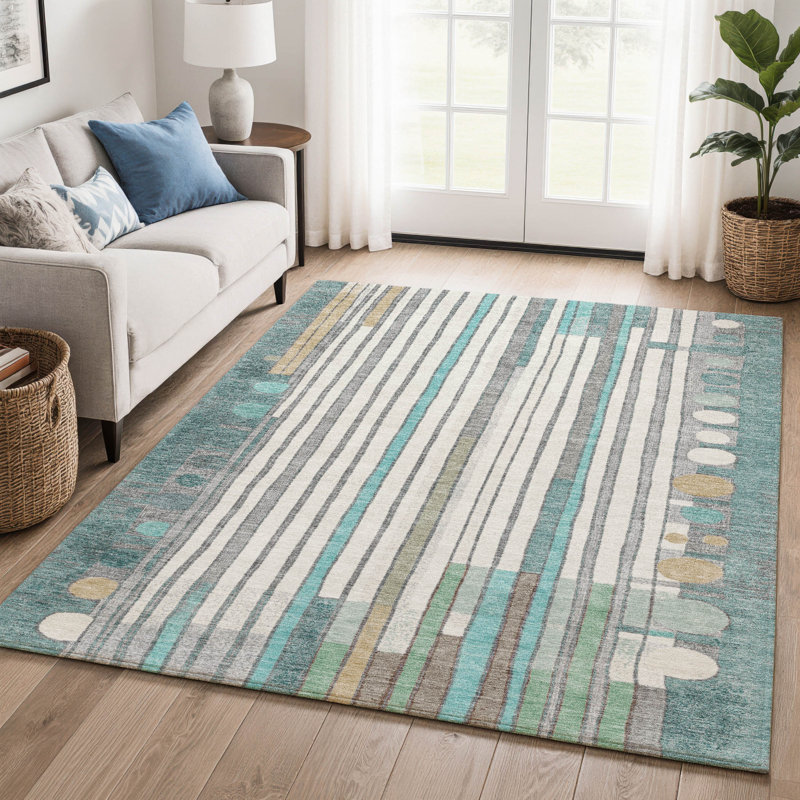 Premium Machine Washable Mayfield AMF2189 geometric Rug, Teal, 2'6" x 3'10"