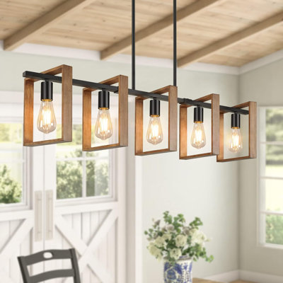 Éclairage pour îlot de cuisine de 53 po, luminaires de salle à manger réglables à 5 lumières, lustres en bois rustique noir