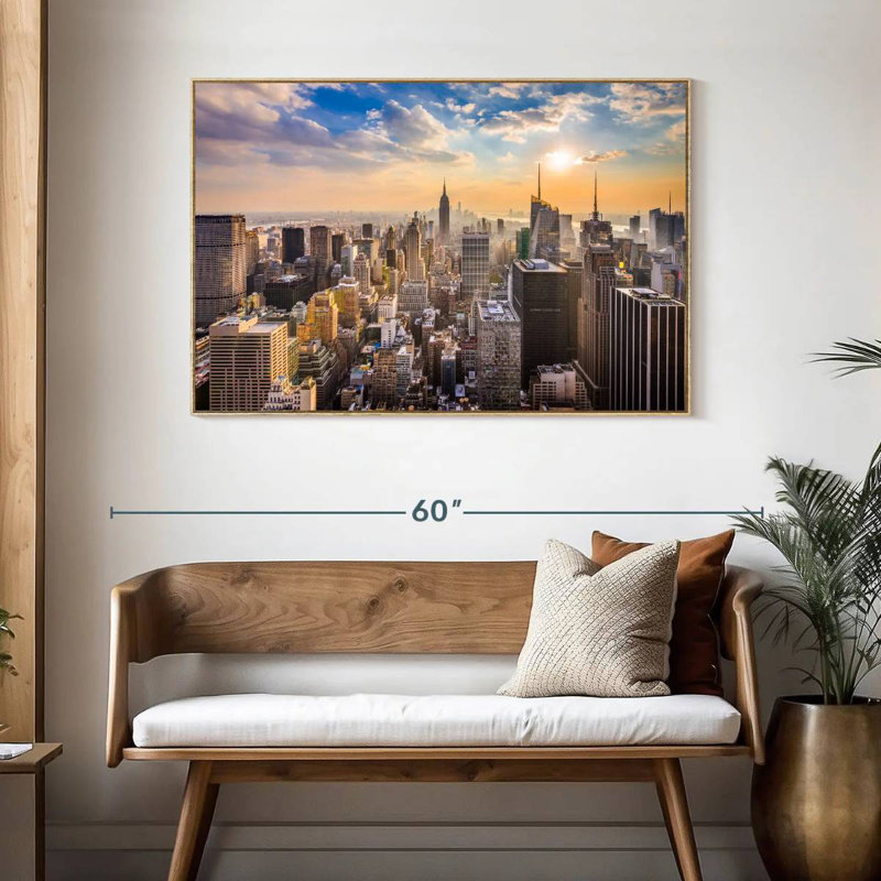 New York Riva au lever du soleil, Cadre flottant en bois naturel, 46 po x 31 po