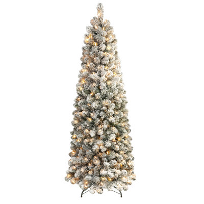 Prelit Snow Flocked Artificial Hinged Slim Pencil Christmas Tree With Warm White LED Lights