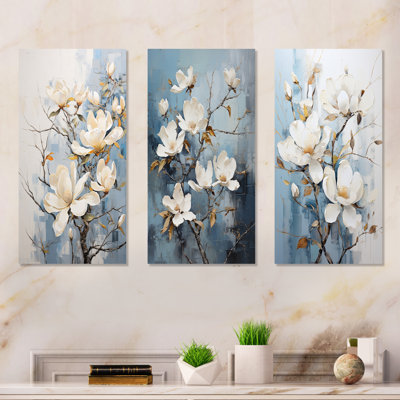 Ensemble de 3 décorations murales en métal bleu et blanc Magnolias