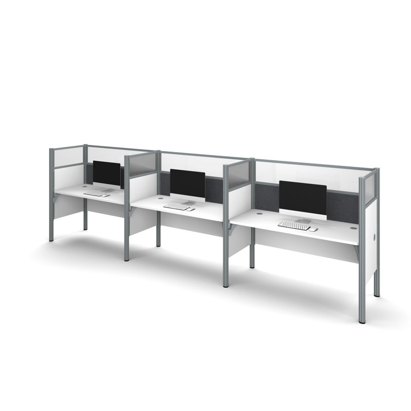 Pro-Biz Triple Side-by-Side Workstation with 6 Privacy Panels (Per Workstation) Benching Desks, White/Grey