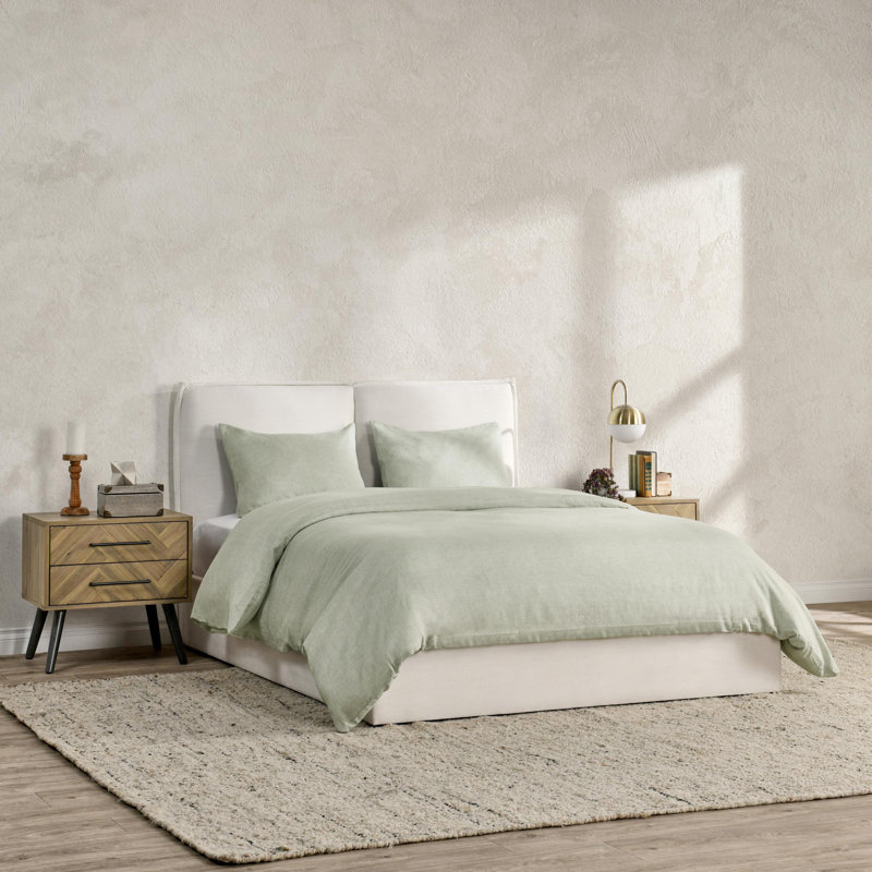 Jayson 3-Piece Linen Blend Fabric Sage Queen Duvet Set, Queen Duvet Cover + 2 Standard Shams