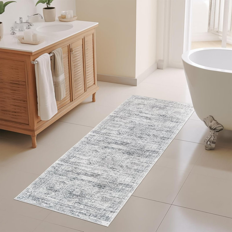 Tapis de couloir de cuisine doux antidérapant, Tapis de couloir 2 pi x 8 pi, Gris / Ivoire