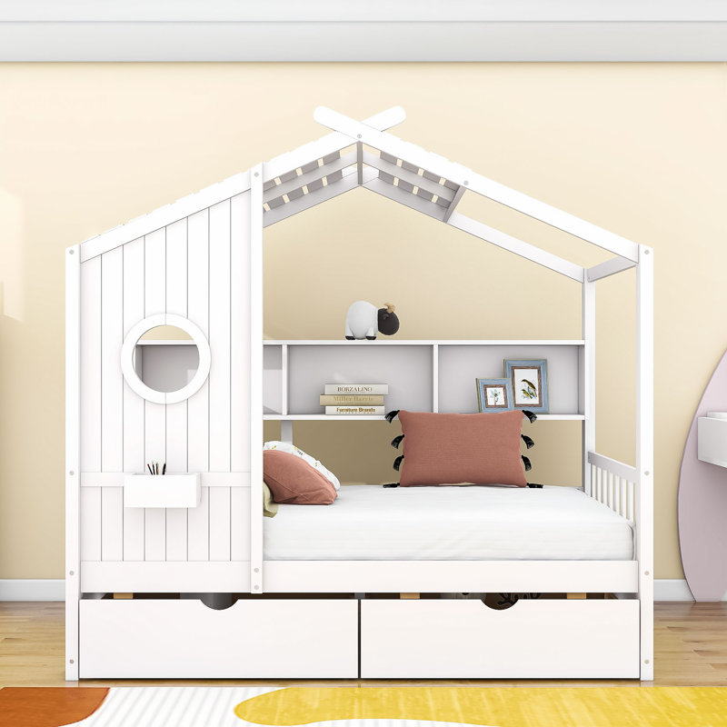 Lit de jour à deux tiroirs en bois avec tablettes de rangement Letha, Blanc, Simple
