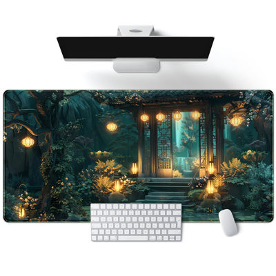 Tapis de souris Lofi japonais grand format, tapis de souris de jeu XXL pour ordinateur portable ou clavier, tapis de souris vert esthétique, décor de bureau, 40 x 90 cm. Tasse blanche offerte.
