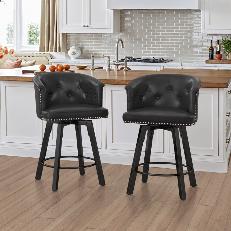 Swivel Upholstered Counter Stool With Metal Frame,, Black