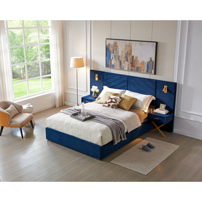 King Size Velvet Bed Frame/Vertical Channel Tufted Wingback Headboard/Upholstered Platform Bed/Strong Wooden Slats/No Box Spring Needed/Easy Assembly