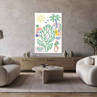 Sunny Sicilian Artichoke Colorful Vibrant Abstract Palm Tree Coastal Summer Wall Art
